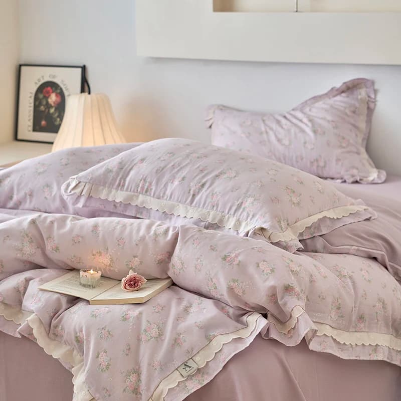 Set biancheria da letto floreale in stile rustico vintage country francese 100% cotone doppio strato copripiumino in filato increspato federe lenzuolo