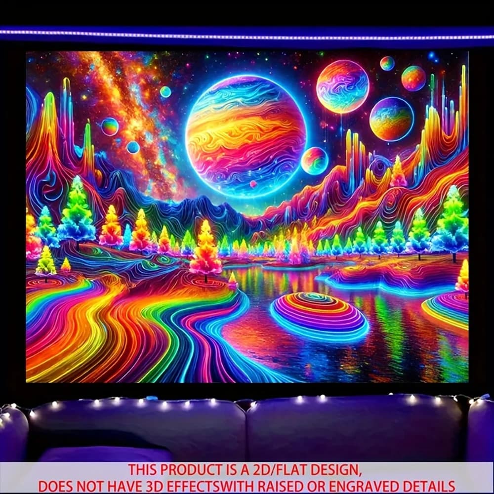 Neon Psychedelic Galaxy Forest Tapestry UV Black Light Trippy Space Mountain River Wall Hanging for Room Decor