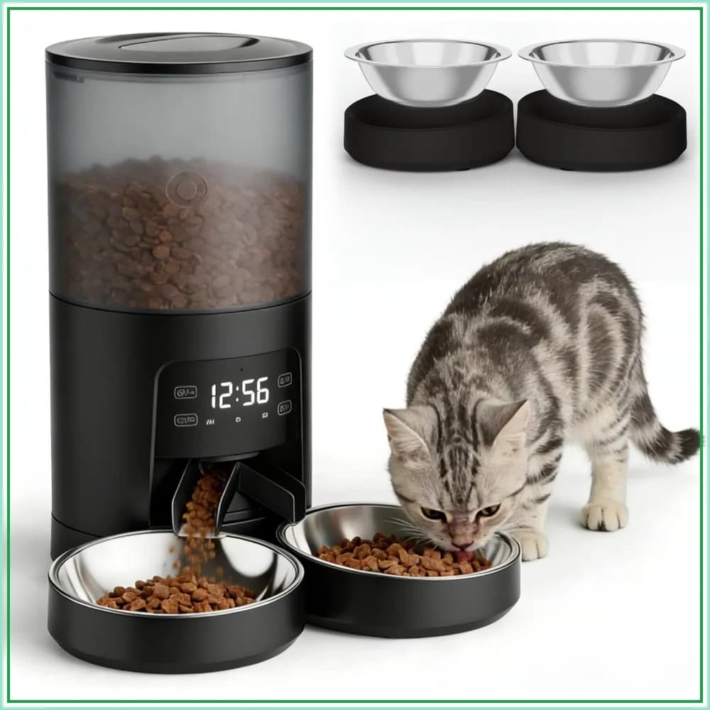 6L Automatic Cat Feeder for 2 Cats, Timed Food Dispenser with 2 Stainless Bowls, 10s Voice Recorder, Dual Power Supply, 6 Meals 50 Portions Per Day, Dual Pet Feeder for Cat and Dog