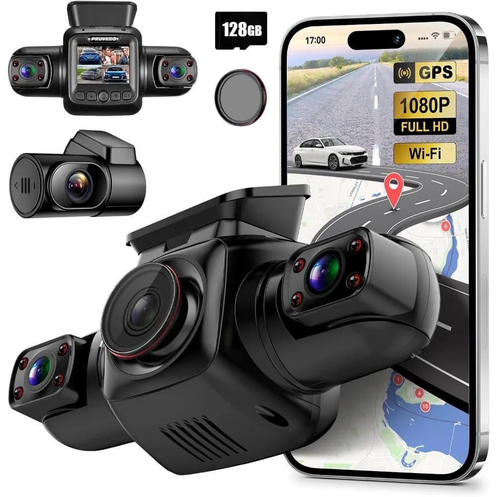 PRUVEEO 4-channel dashboard camera with 360-degree front and rear left internal view, car dashboard camera with CPL, integrated GPS WiFi Ni