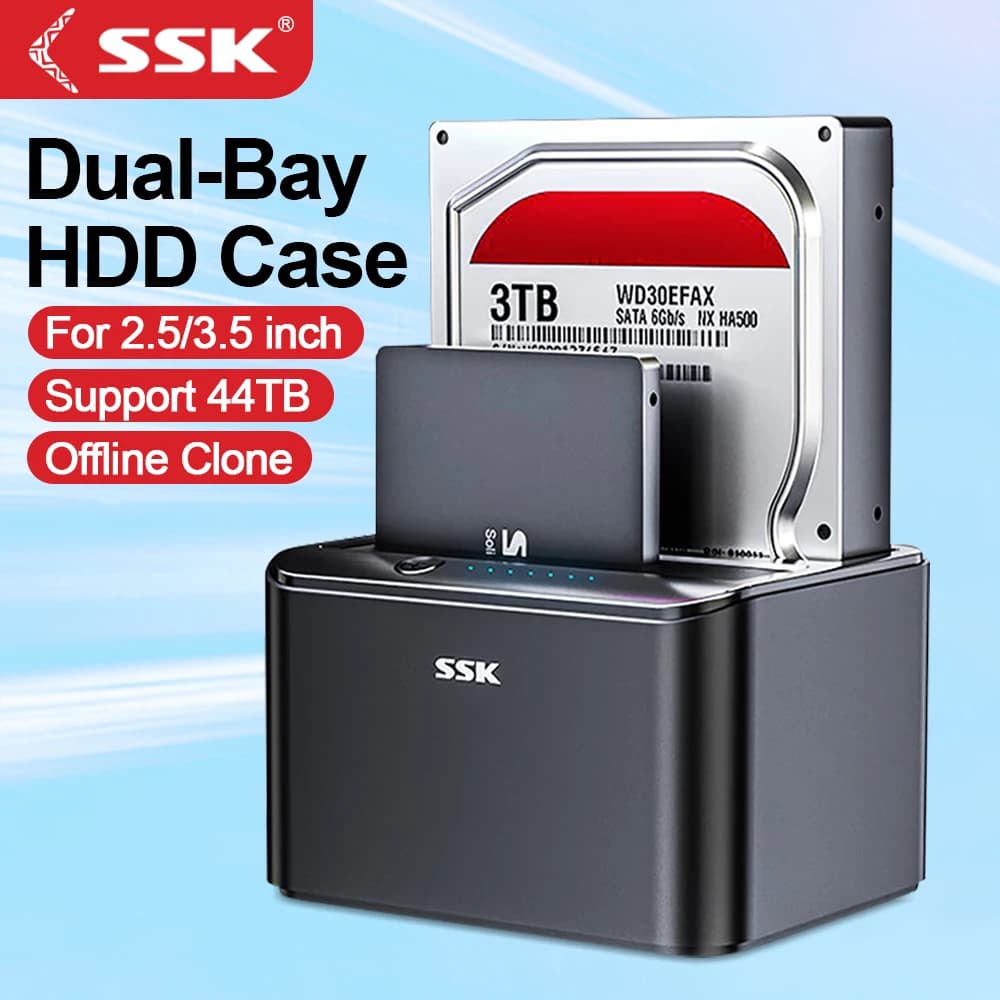 Docking station per disco rigido SSK Dock HDD esterno dual bay per SSD HDD SATA da 2,5/3,5 pollici con funzione clonatore/duplicatore offline