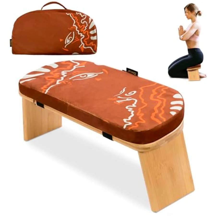Bamboo Meditation Bench with Cushion - Foldable Bench for Multiple Seating Angles - Kneeling Chair Meditation Stool - Yoga Chai