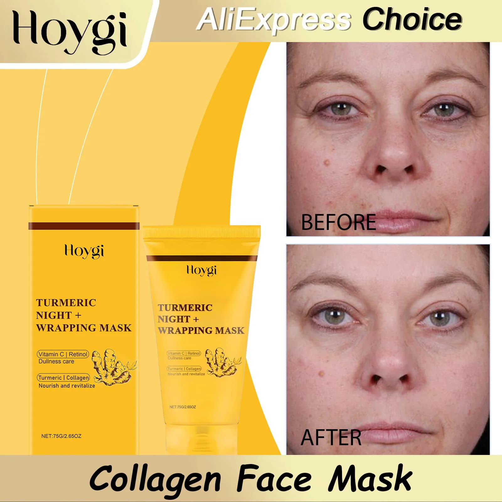 Face Mask Peel-Off HOYGI at Curcuma and Collagen, Night Treatment for Elasticity and Hydratation, Reduces Chediments and Opacity