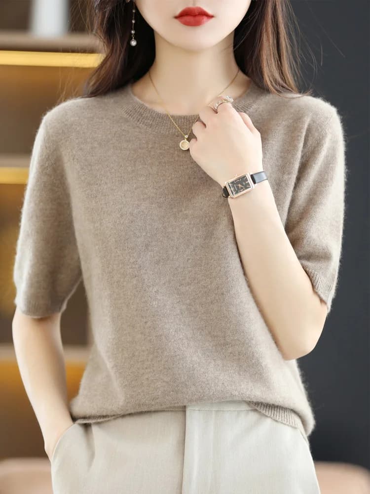 Maglione da donna in lana merino Pullover in cashmere Moda Basic O-Collo Maglieria Manica corta T-shirt elegante Abbigliamento Top