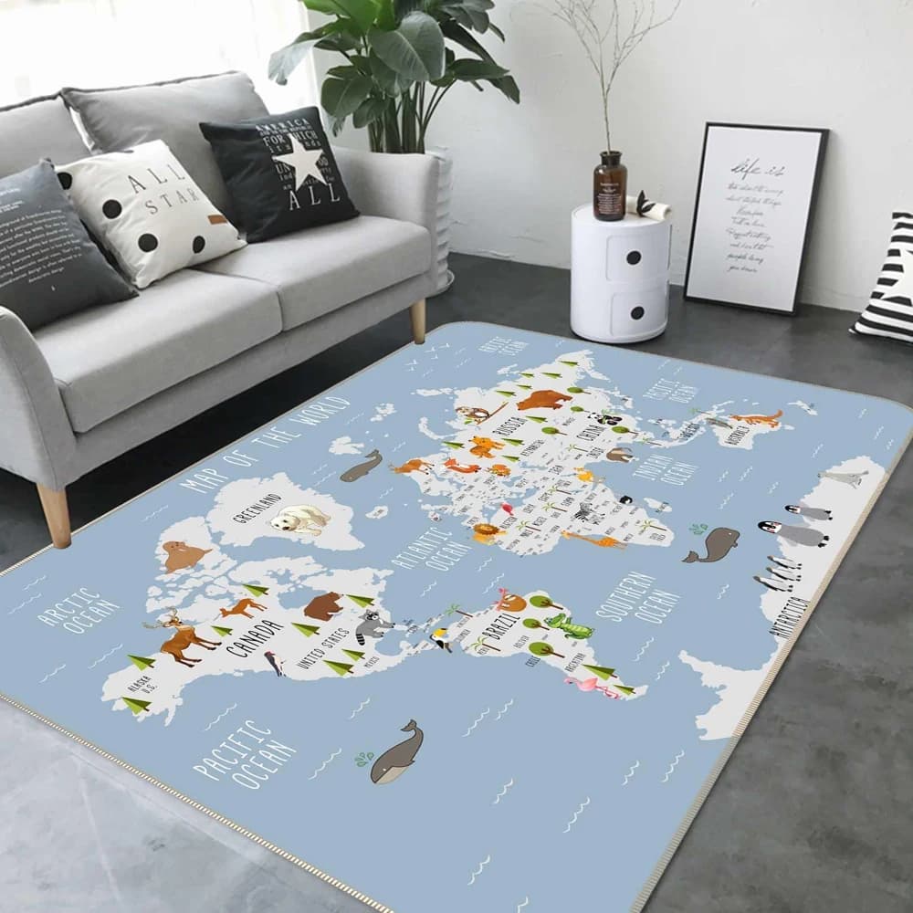 Tappeto con Mappa del Mondo e Animali Carini, Morbido Tappeto per Cameretta Bambini e Soggiorno, Decorazione Educativa per la Casa