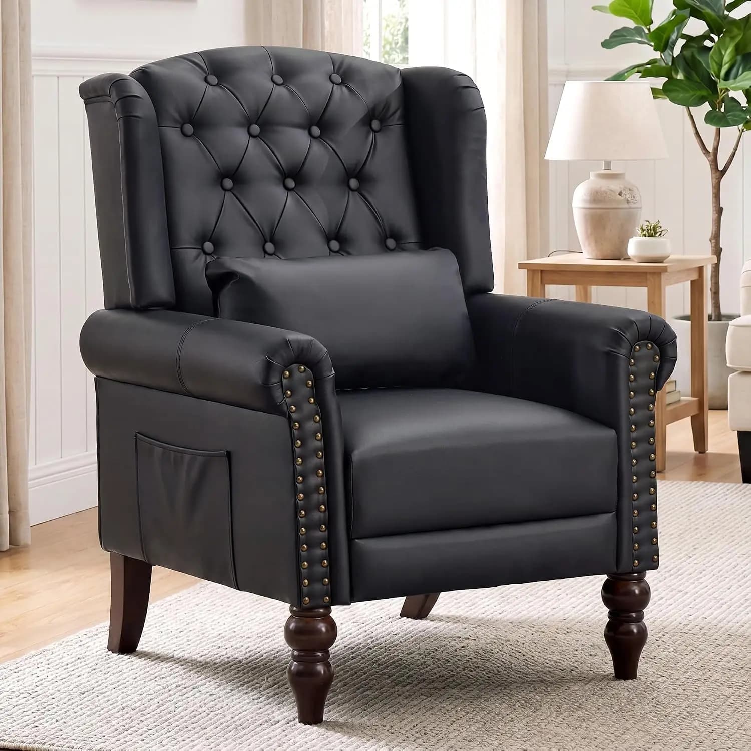 High Back PU Leather Wingback Armchair with Lumbar Pillow & Side Pocket, Comfy Single Sofa for Living Room Bedroom, Customized