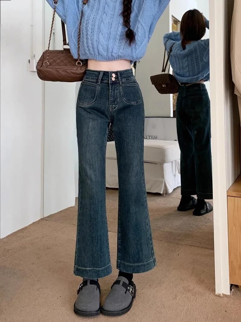 High Waist Bell Bottom Jeans Women's Slim Fit American Style Denim Pants Spring Autumn Cotton Polyester Blend Wear Resistant