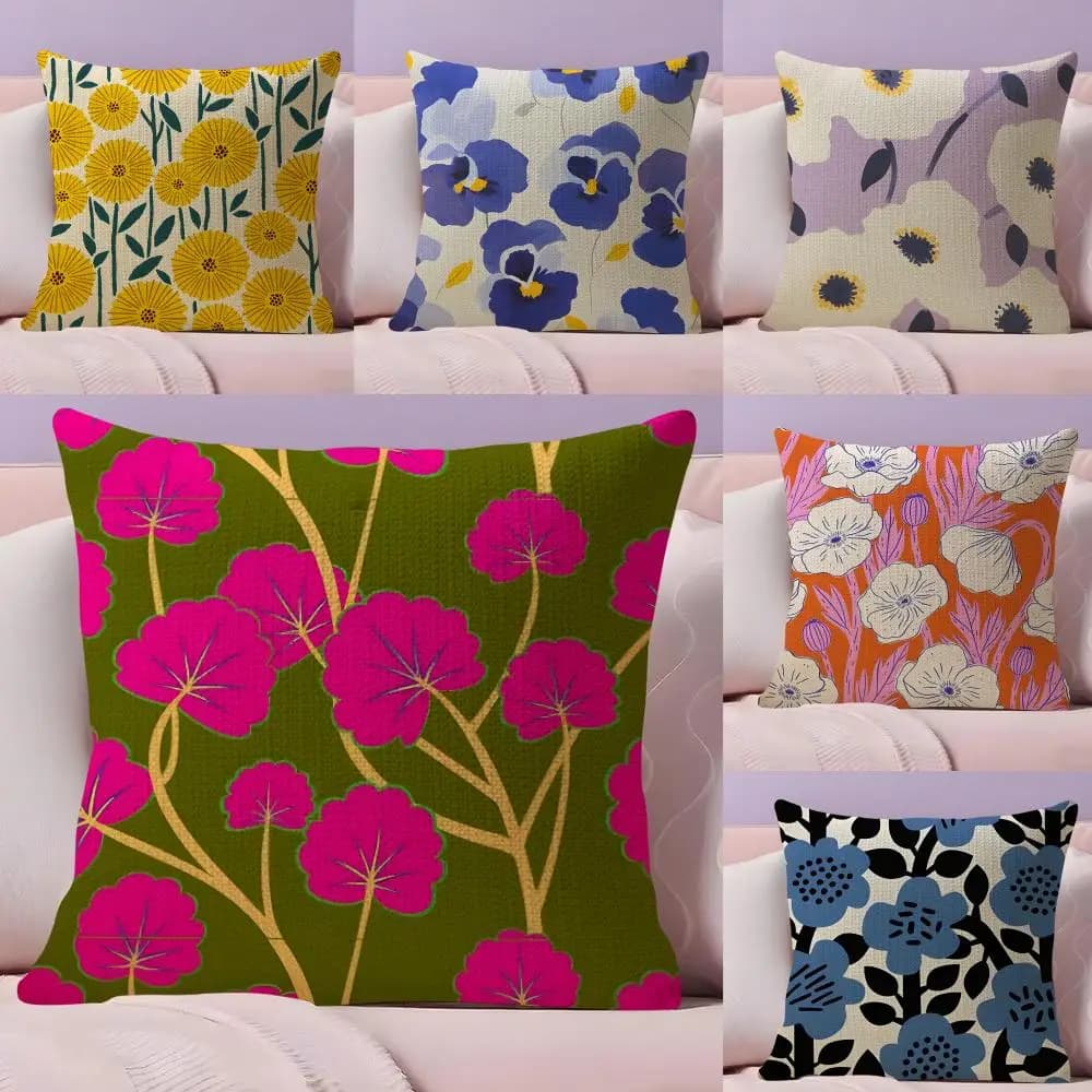 INS pillow sheet with floral print, natural linen, front-back printing, sofa decoration, home decoration, gift idea