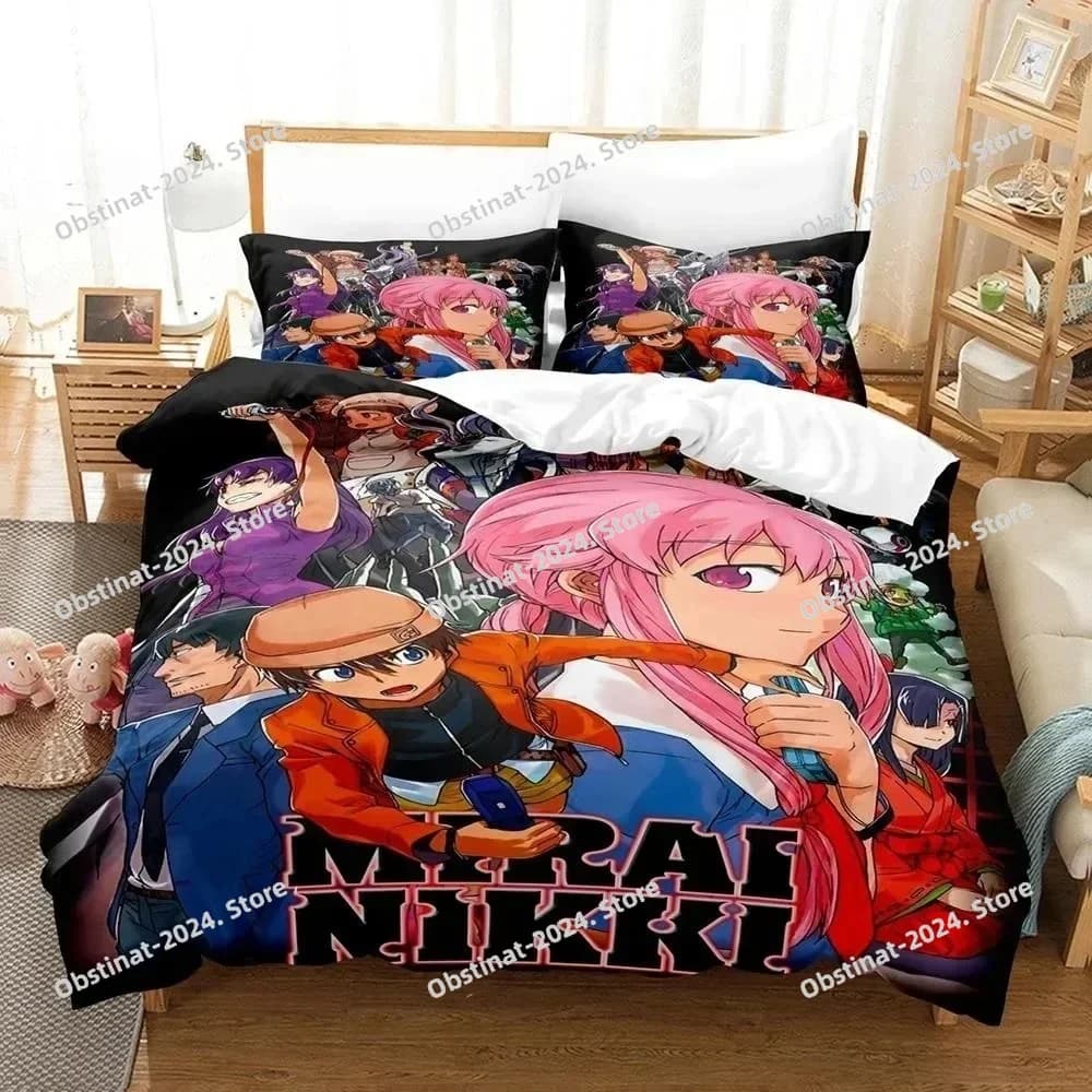 Nuovo Set di Lenzuola Stampate in 3D con Motivi Anime Future Diaries Mirai Nikki, Disponibile in Misure Singola, Doppia, Queen e King per Adulti e Bambini