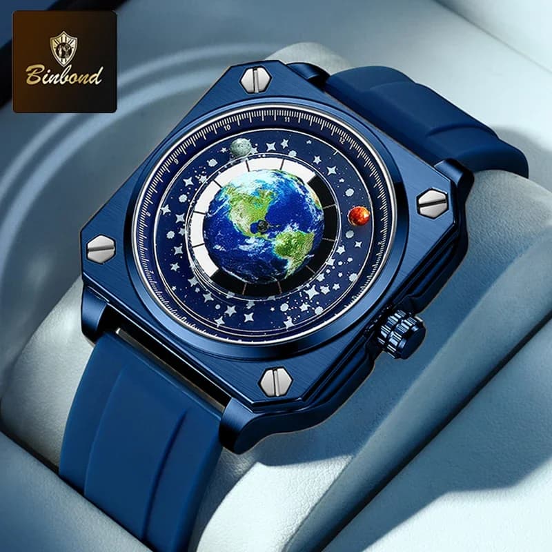 BINBOND Fashion Earth Watch For Men Rotating Earth Dial Concept Creative Planet Non Mechanical Pointer Silicone Tape Men Watch