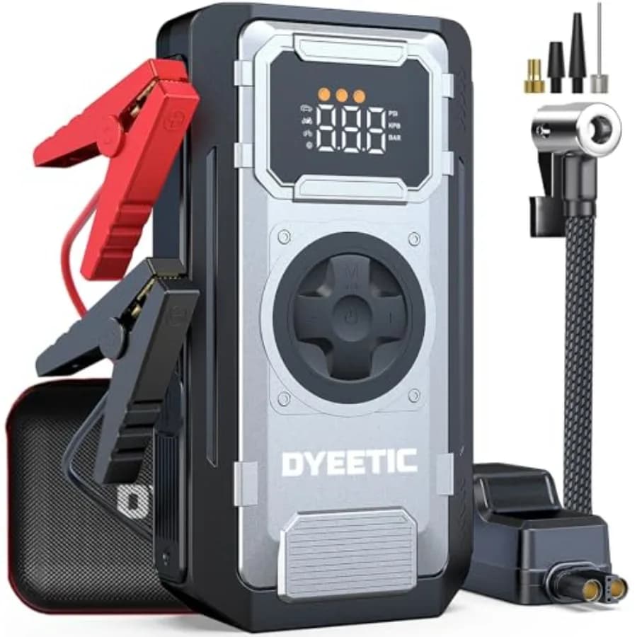 Avviatore di emergenza portatile per auto, a ioni di litio, nero, con corrente di picco di 5000A, compressore d'aria da 150 PSI e display LCD