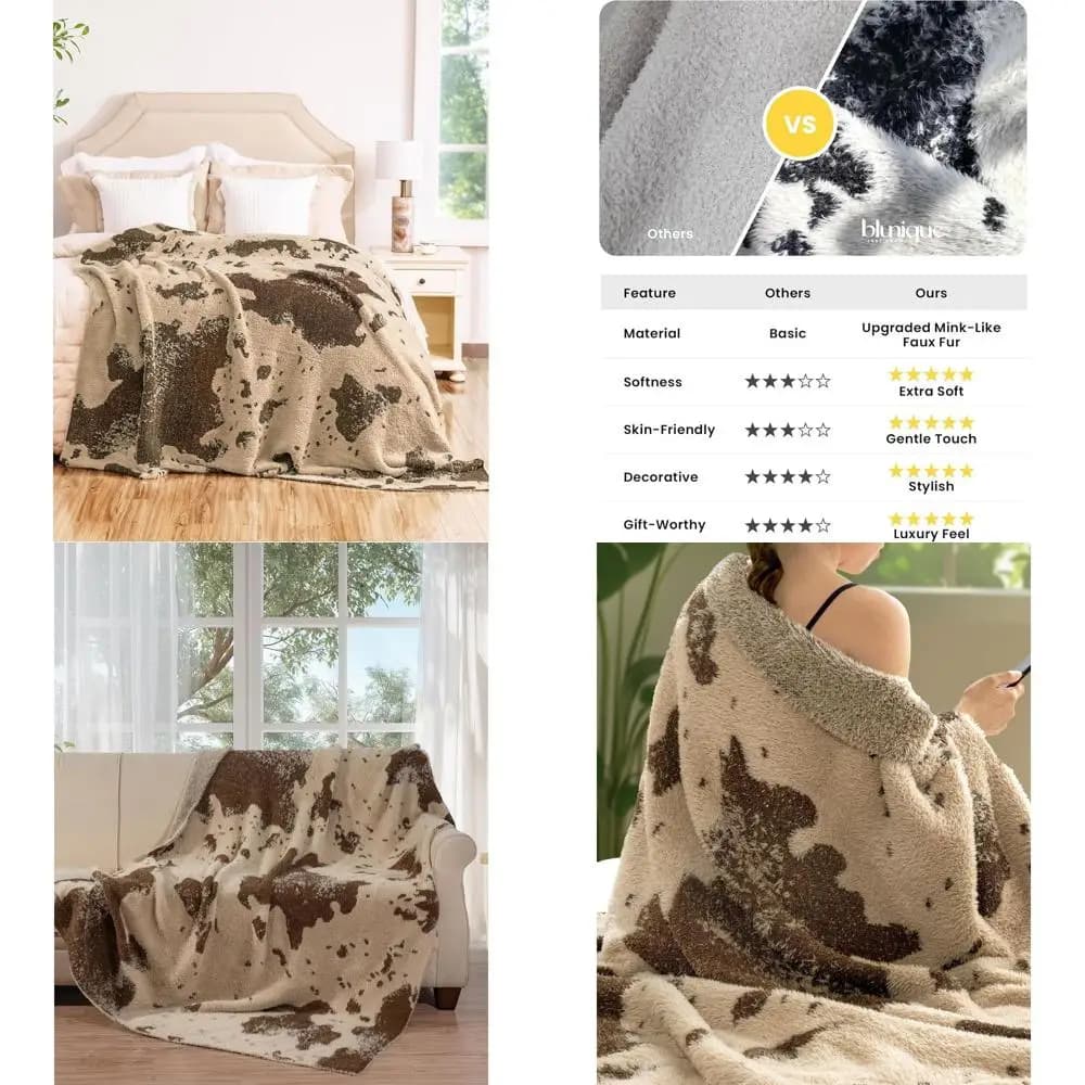 Cozy blanket with cow print, ultra soft sofa cover, brown 60x80 for women and teenagers