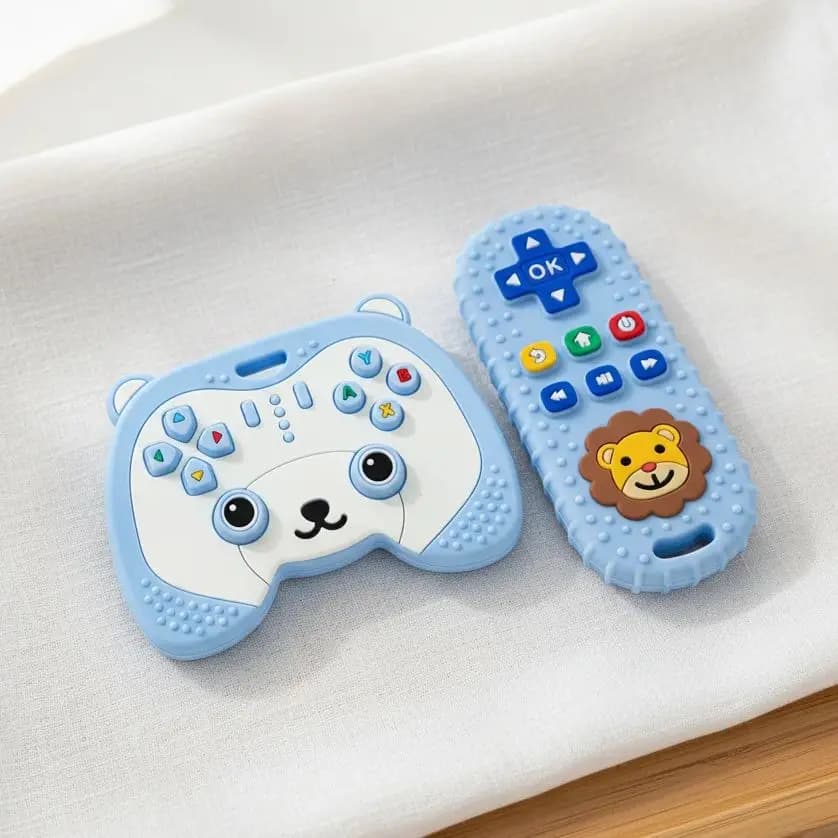 Set di 2 Giocattoli da Dentizione per Neonati 0-6 6-12 Mesi, Controller di Gioco a Forma di Orso e Leone in Silicone