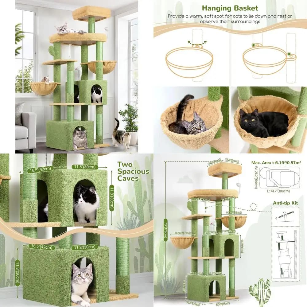 Robusta torre per gatti 68 per gatti di grandi dimensioni da interni, resistente con piattaforma extra large e 5 tiragraffi, verde S68