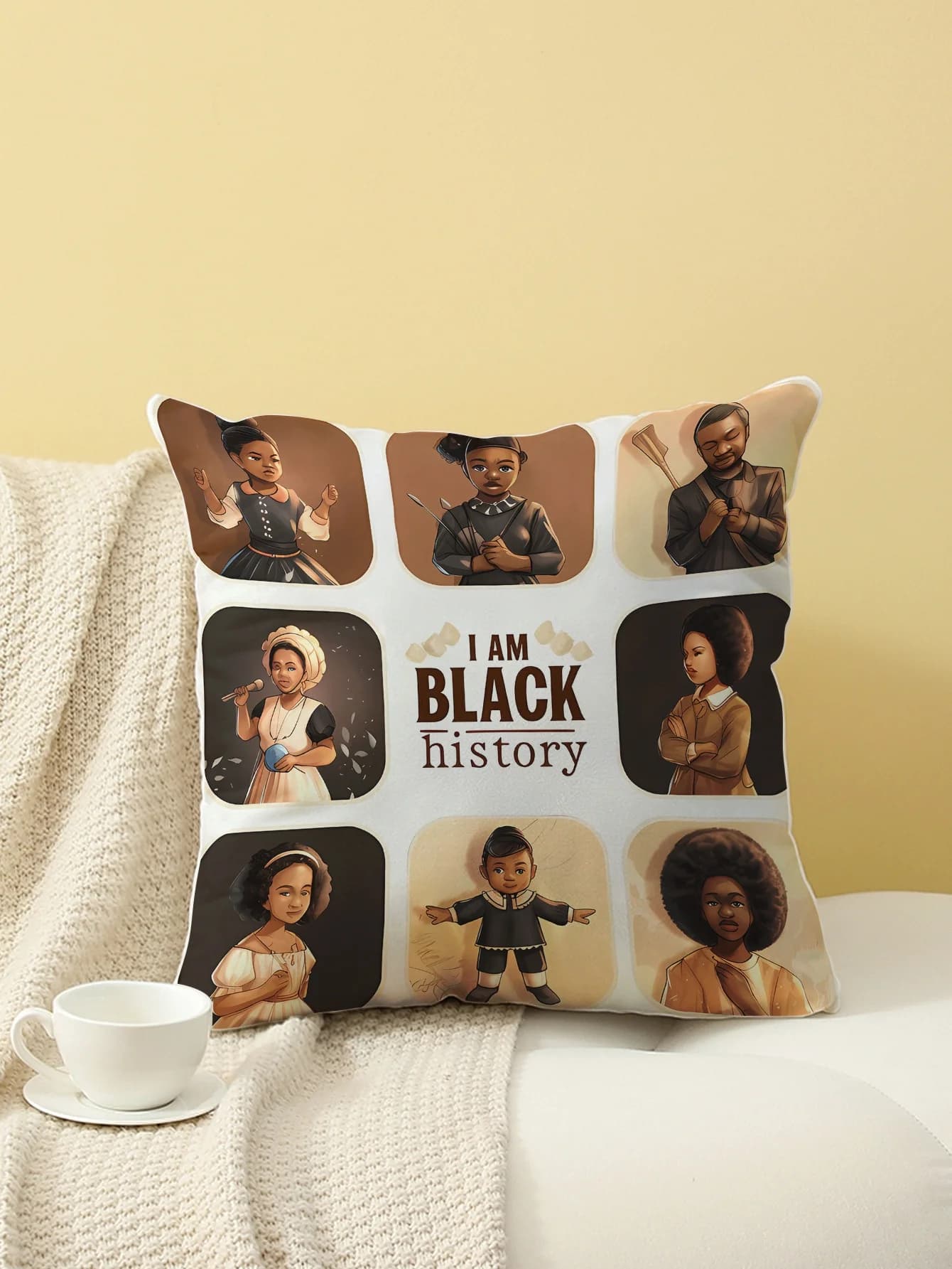 Fodera per cuscino con stampa a griglia di personaggi dei cartoni animati Black History, per divano, camera da letto, soggiorno, letto, sedia da ufficio, decorazione per la casa