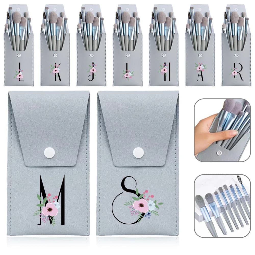Set di 8 Pennelli da Trucco Morbidi e Soffici, Strumenti per Makeup, Applicatori per Ombretto, Correttore, Blush e Cipria, Motivo Floreale e Nero con 26 Lettere