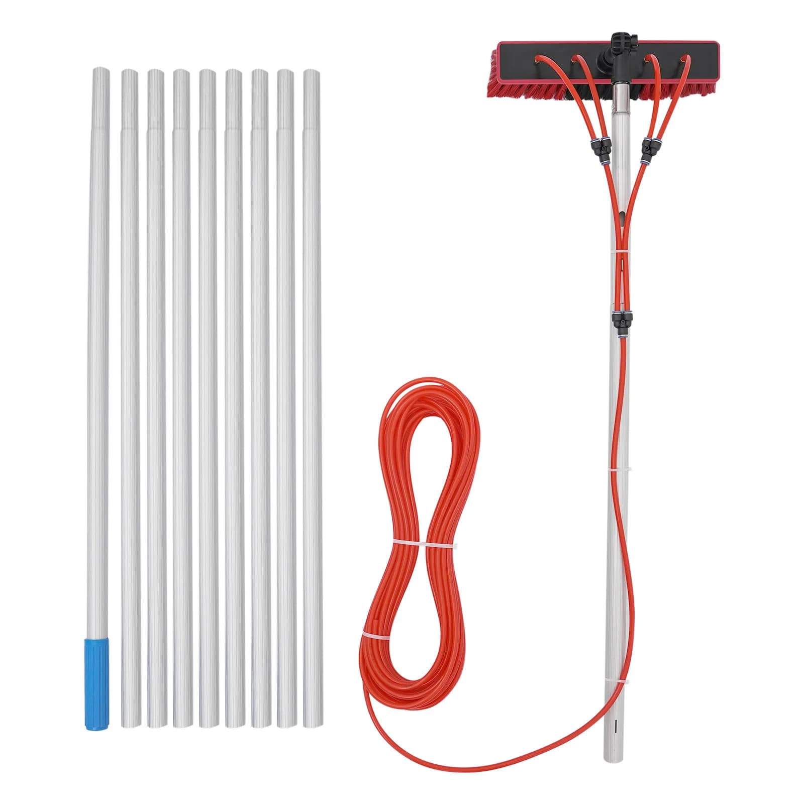 Extended Reach Solar Panel Cleansing Set, Four Water Outlet Nozzles Lightweight Interlocking Pole Segments Portable Storage Pouch Complete Assembly Accessories High-rise Window Washing Tool