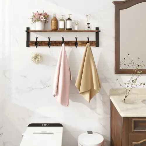 Mensola da parete rustica in legno con 5 ganci neri, organizer da appendere da 29 pollici per cappotti, cappelli e borse in ingresso o bagno