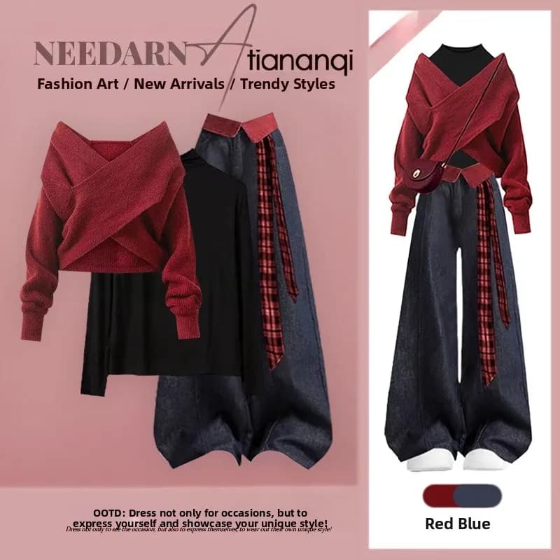 Faionable Cross Sweater Loose Jeans Tee-Piece Set for Women Ele Age-Defng Autumn Wear Comfortable Casual Outfit
