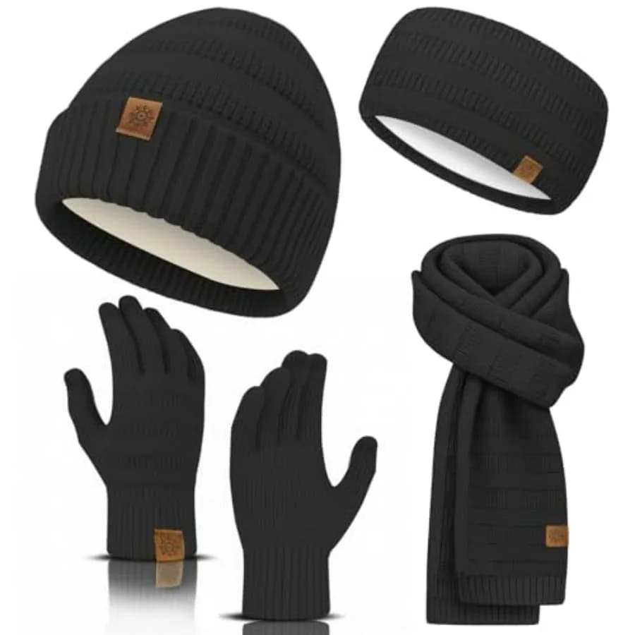 Set Invernale di Berretto, Sciarpa, Guanti e Fascia per Capelli, Berretto Lavorato a Maglia, Sciarpa Calda, Guanti Touch Screen e Scaldacore, Regalo per Donne e Uomini