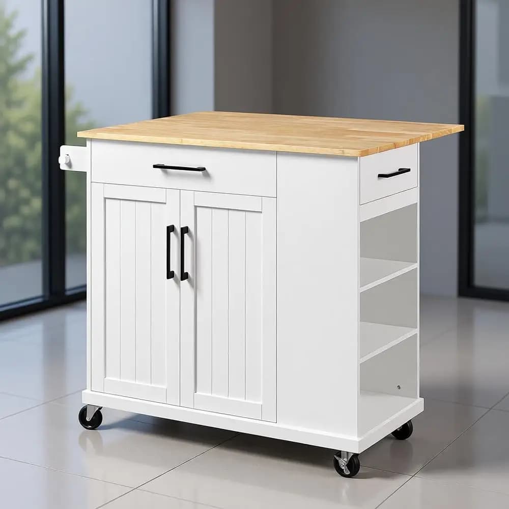 Carrello da cucina portatile Drop Leaf in bianco con portaoggetti, ripiani aperti, portasciugamani staccabili e 2 cassetti