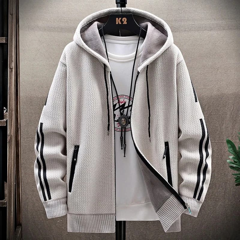 Business Casual Men's Sweater Cardigan Fleece Lined Hood Sweaters Jacket Retro Sweaters Coat Zipper Up Knit Cardigans