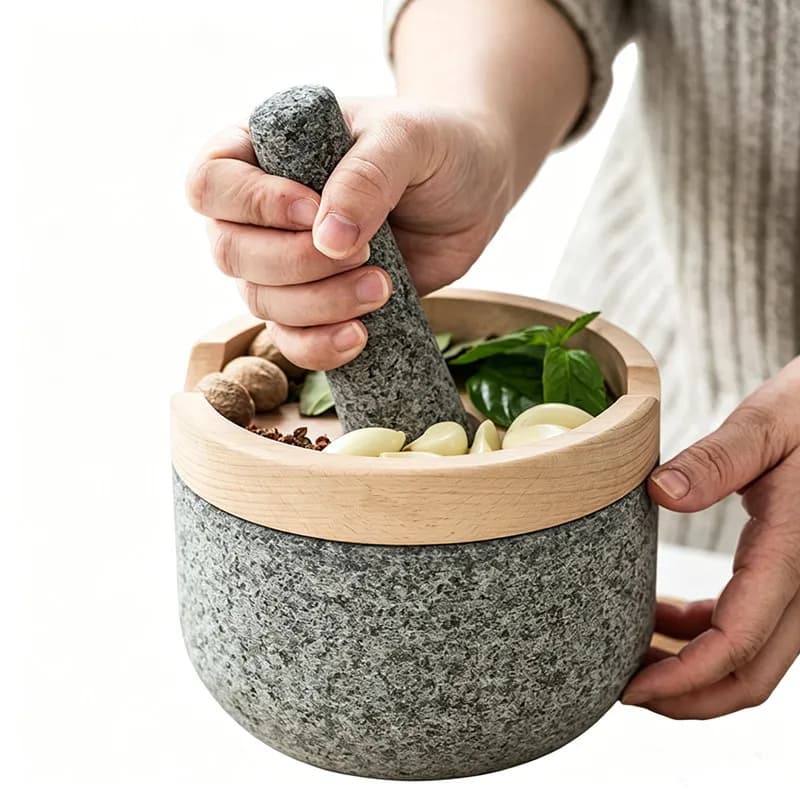 Pestle and Mortar Set Premium Solid Granite Stone Grinder Non Slip Base 16cm For Make Crushing and Mashing Herb Spices Guacamole