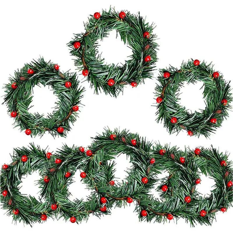 ABKO-24 PCS Holly Berry Candle Ring Small Artificial Red Berries Pine Needles Wreath For Christmas Garland Ornaments Decor