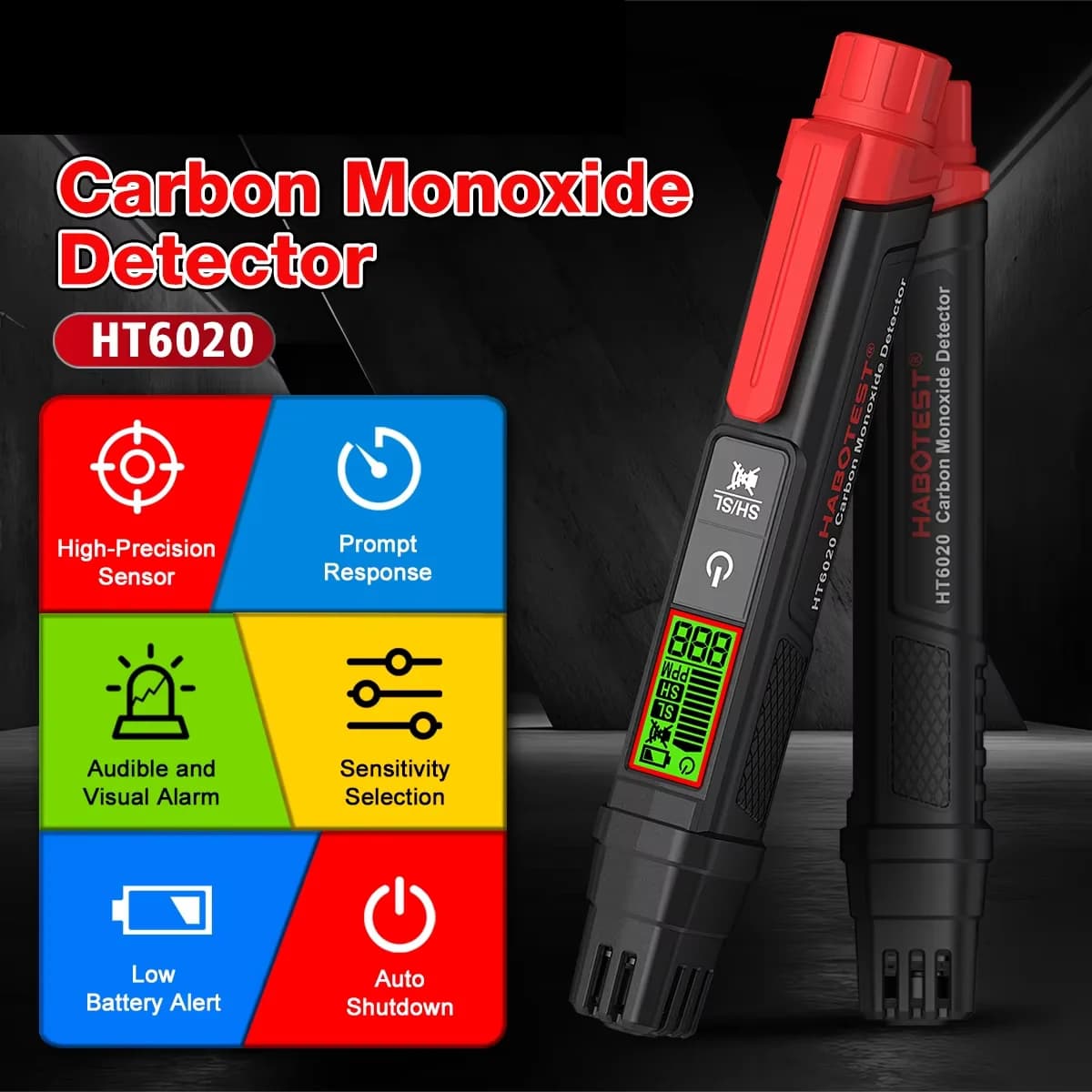 HT6020 Professional Carbon Monoxide Detector Portable CO Meter 0-1000PPM Quick Response High Accuracy Audible Visual