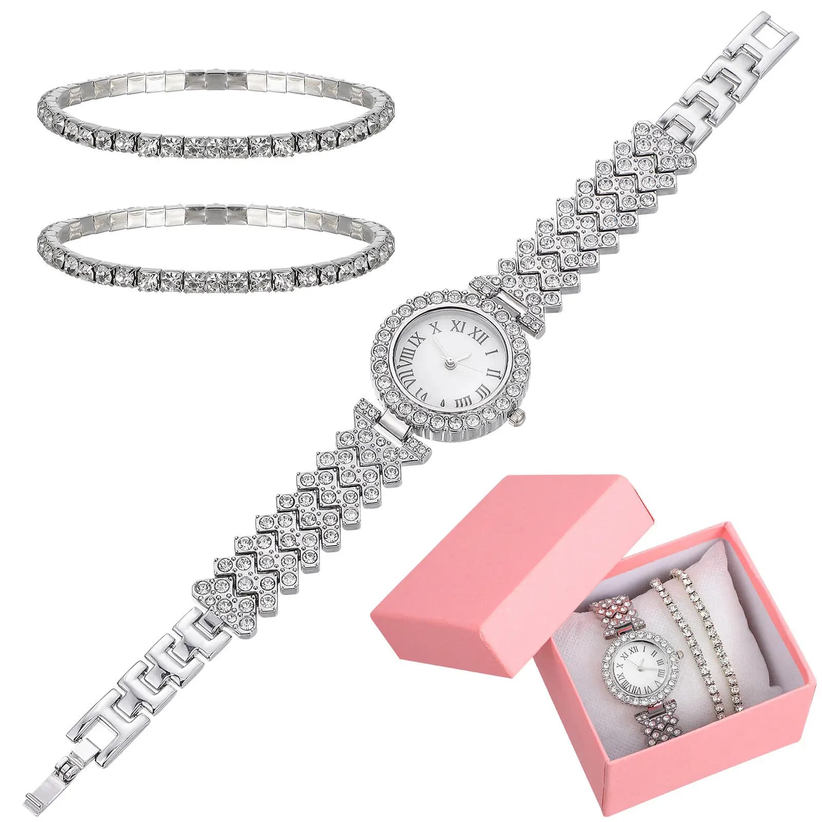 Set di 2 Braccialetti Orologio con Strass per Donne, Movimento al Quarzo Leggero, Elegante Orologio con Diamanti alla Moda, Regalo per Uso Quotidiano