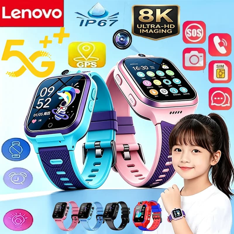 Lenovo 5G 8K Kids GPS Smart Watch SOS Call Sim Card Location Camera Waterproof Child Watches Present Gift 2027 NEW Electronics