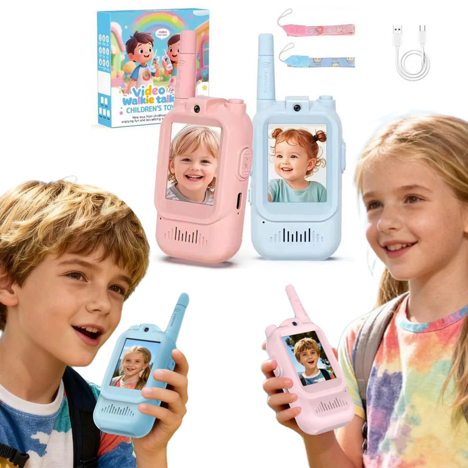 Walkie Talkie Video per Bambini, Set da 2, Ricaricabili, Interfono Video per Ragazzi e Ragazze, per Giochi al Chiuso, Campeggio ed Escursionismo