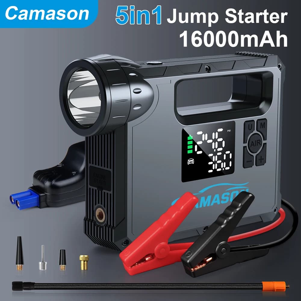 Avviatore di emergenza per auto 5 in 1 con compressore d'aria Torcia portatile Dispositivo di avviamento Batteria Power Bank Avvio booster automobilistico