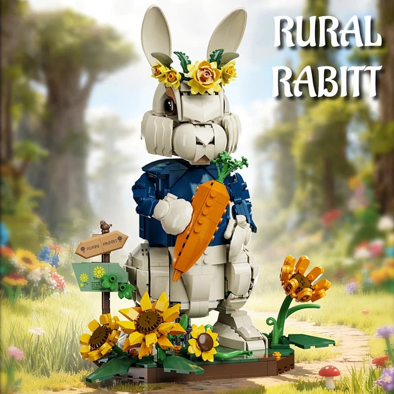 Set di blocchi da costruzione a tema coniglietto rurale con carota e fiori, modello animale, ornamento da scrivania, puzzle a piccole particelle per adulti