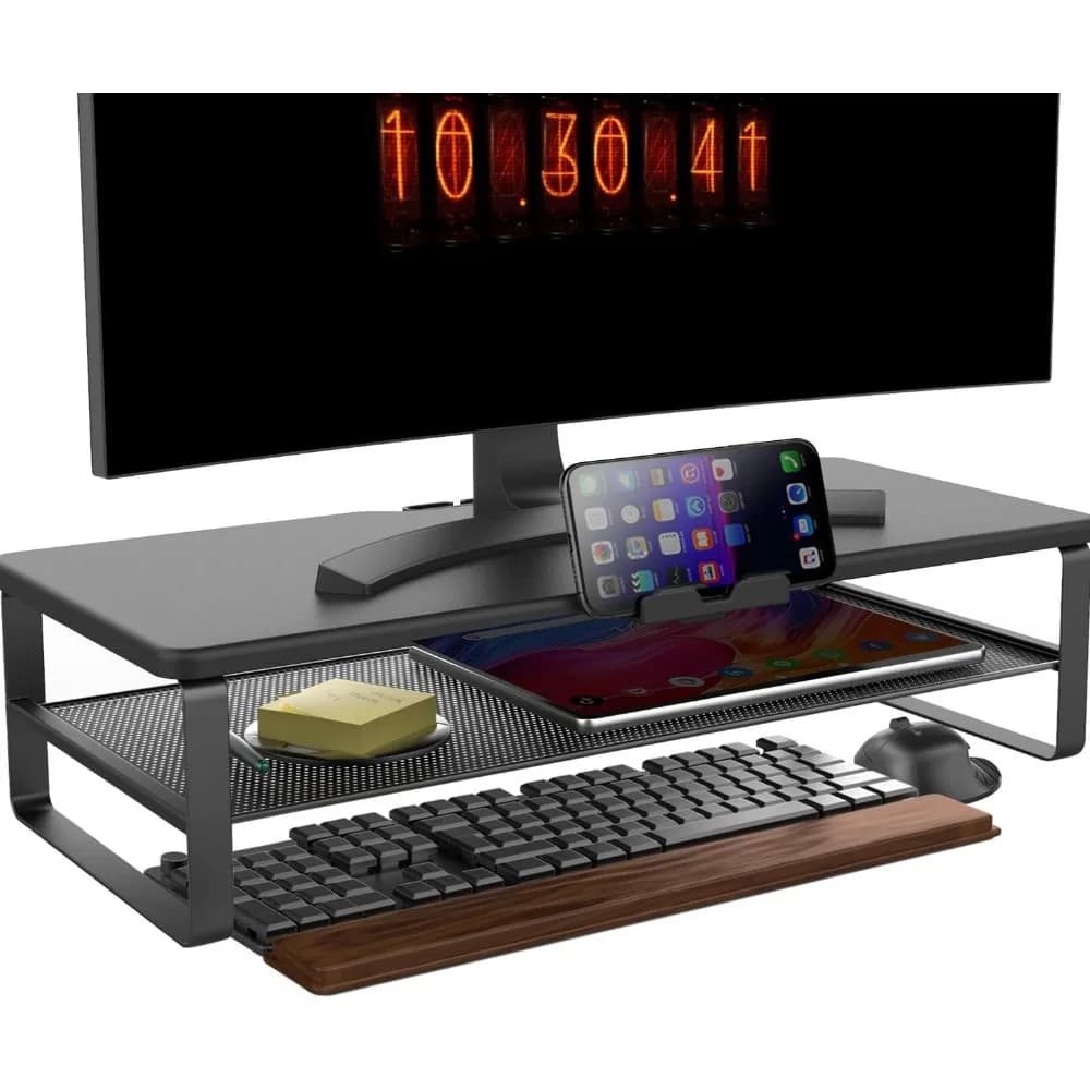 2-level monitor stand with drawer, telephone support and cable management - Home Office desk organizer, black