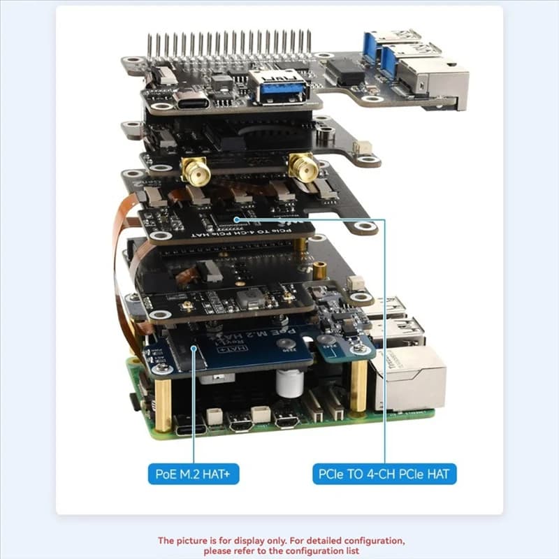 B92B-For Raspberry Pi 5 Pcie to Pcie FFC 4-CH HAT Expansion Card Supports stack the Pcie HAT modules