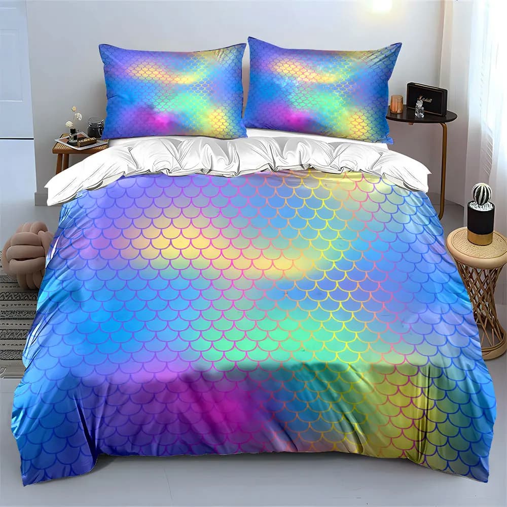 Set di biancheria da letto con decorazioni colorate a squame di sirena, con 1 copripiumino, 2 federe, singolo, matrimoniale, king, queen, regalo