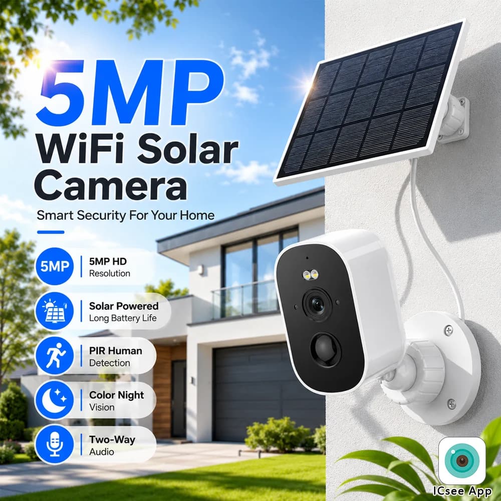 5MP WiFi Solar Security Camera Outdoor Wireless Battery Powered CCTV Camera With PIR Human Detection Color Night Vision Two-Way Audio For Home Yard Garage
