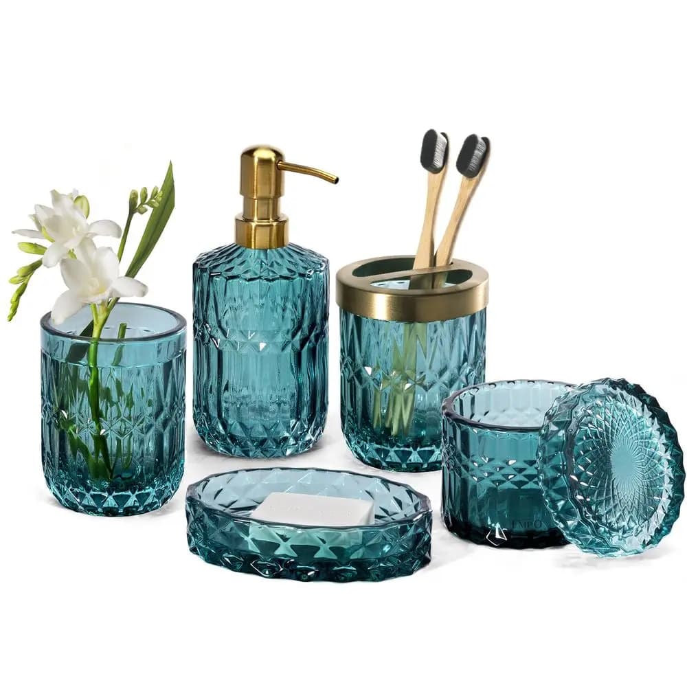 Set di 6 Accessori per Bagno in Vetro Trasparente: Dispenser per Sapone Liquido, Portasapone, Portaspazzolini, Bicchiere, Contenitore per Bastoncini di Cotone, Contenitore