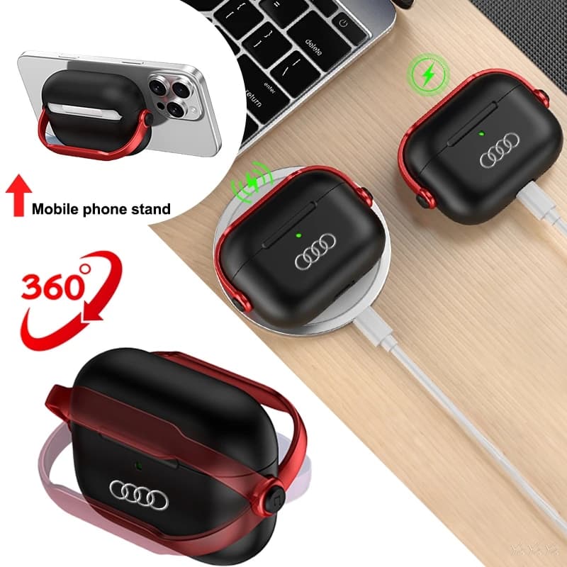 For AirPods 1/2/3/4 Bluetooth Earphone Case Protection Shell 360° Rotating Bracket For Audi Sline A3 A4 A5 A6 Q5 Q7 RS Sticker