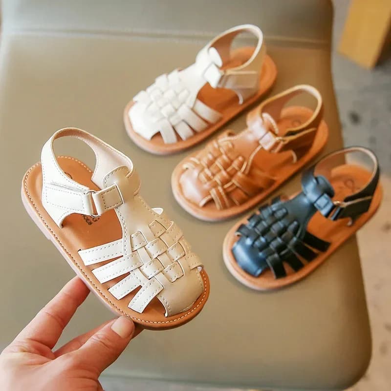 Nuovi sandali da ragazza solidi con tessuto vintage Sandali con punta chiusa per ragazza Bambini Sandali piatti per bambina Scarpe estive per bambini