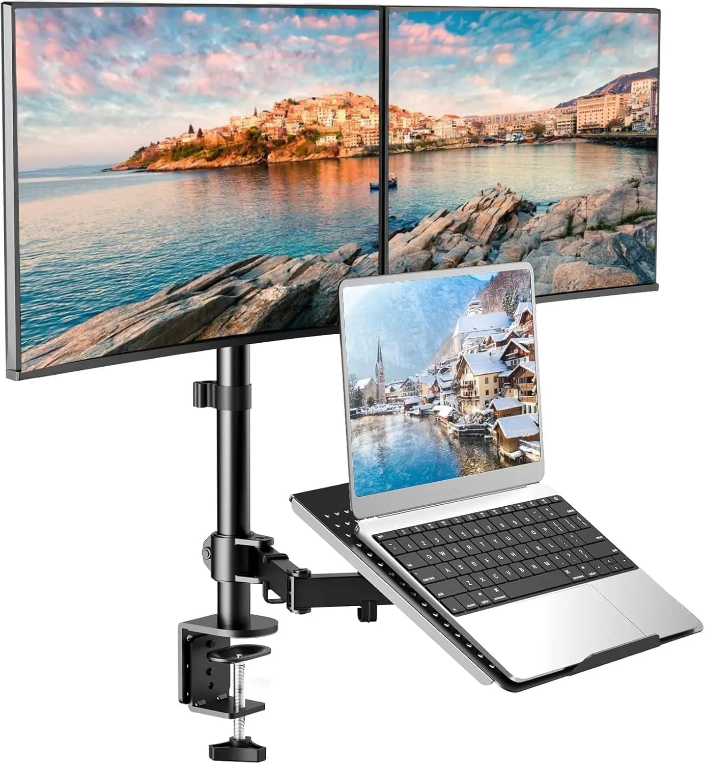 Adjustable Support for Dual Monitor and Laptop for Screens from 13-27" and Notebook from 10-17", Stand by Desk Space Saving