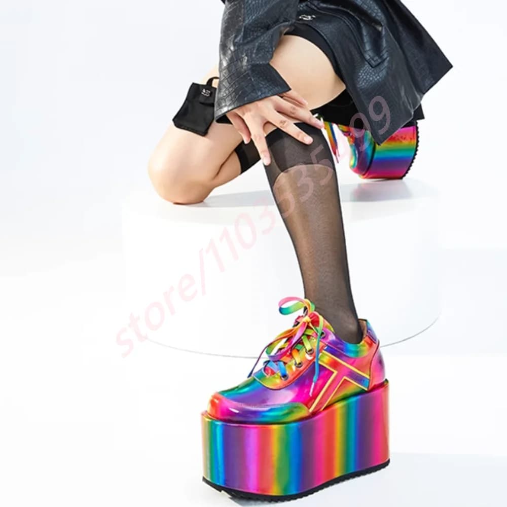Thick Sole Laser Rainbow Lace-Up Pumps 2025 New Sexy Women's Round Toe Cyberpunk Rock Party Boots Street Fashion Motorcycle Boot