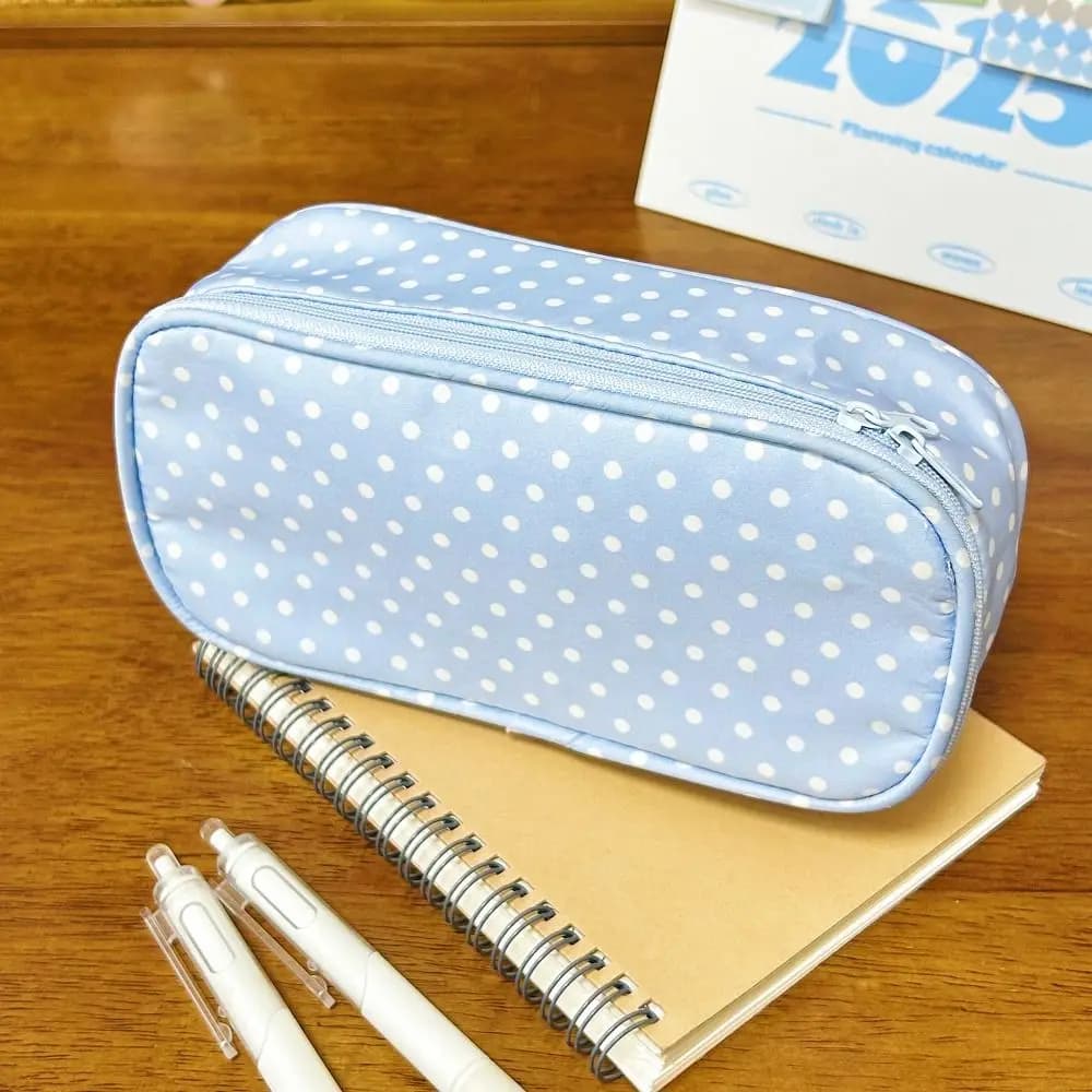 INS Blue Polka Dot Pencil Case Large Opening Design Large Capacity Pen Bag Stationery Storage Bag Gift