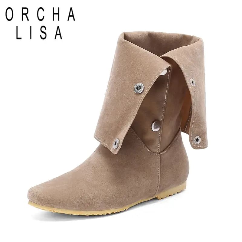 ORCHA LISA Hot Flock Suede Women Knee High Boots Round Toe Flats Button Double Use Large Size 46 47 48 Casual Daily Tall Booties