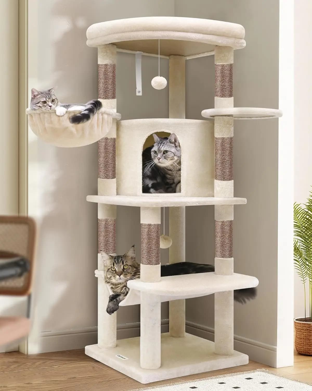 Torre per Gatti Curva Moderna da 51 Pollici con Amaca, 7 Pali in Sisal, Ampia Piattaforma Ventilata per Gatti da Interno, Beige