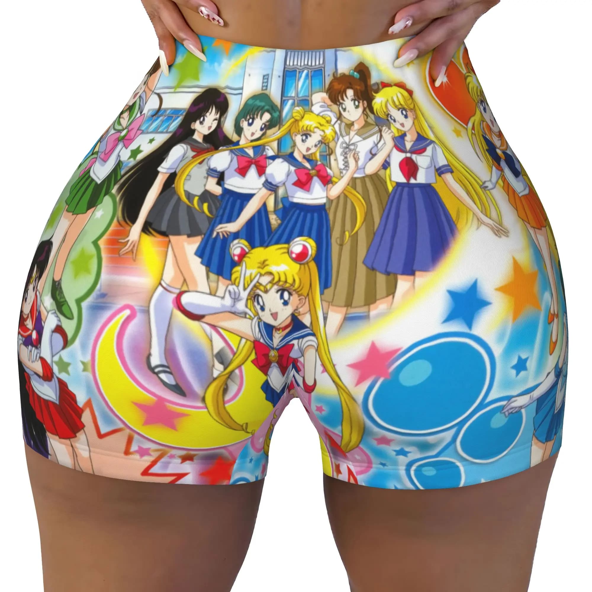 Custom Japanese Shojo Manga Sailor Girl Running Volleyball Gym Shorts Women Athletic Workout Yoga Shorts