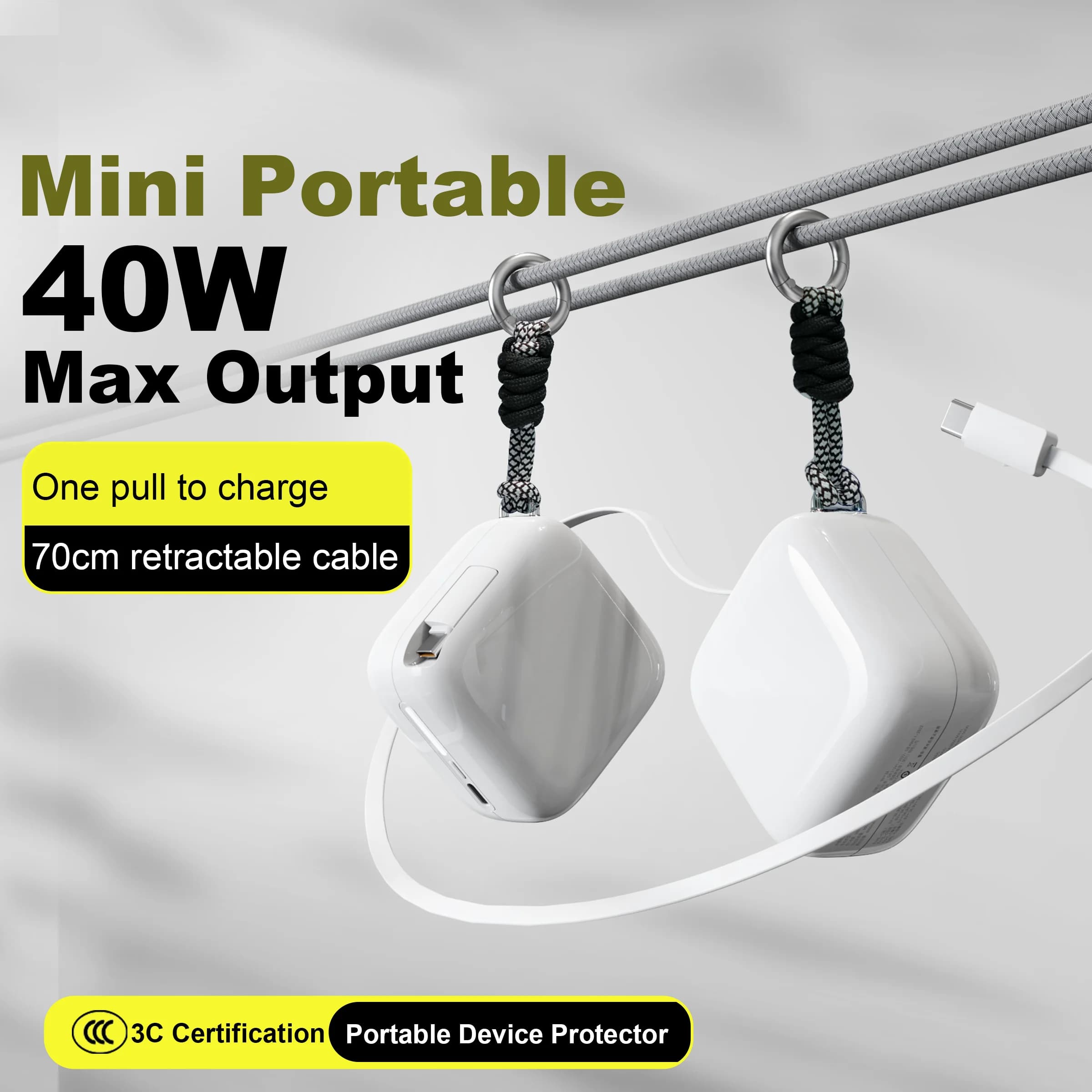 Batteria esterna portatile a ricarica rapida da 10000 mAh Power Bank 40 W con cavo retrattile di tipo C da 70 cm per IPhone 17 Xiaomi Huawei