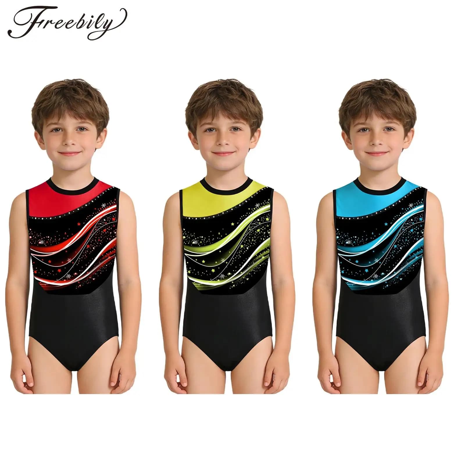 Kids Boys Print Gymnastics Dance Leotard Sleeveless Patchwork Athletic Bodysuit for Yoga Figure Skating Training
