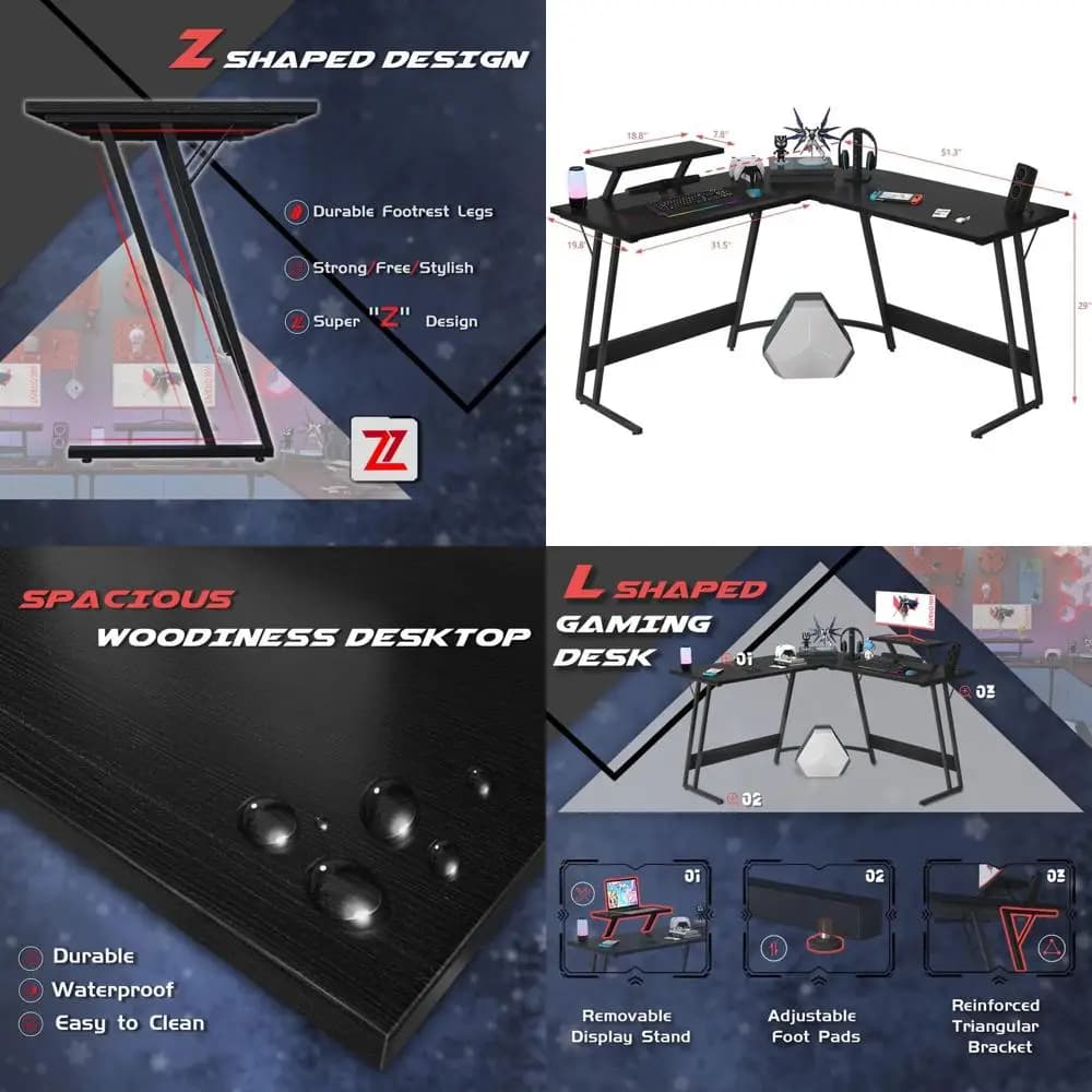 Grande Scrivania da Gaming a L da 51 Pollici con Supporto per Monitor per PC Gaming e Postazione di Lavoro Domestica in Nero